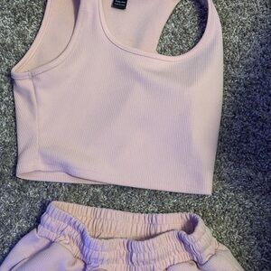 Pink Ribbed Crop Top and Shorts Set